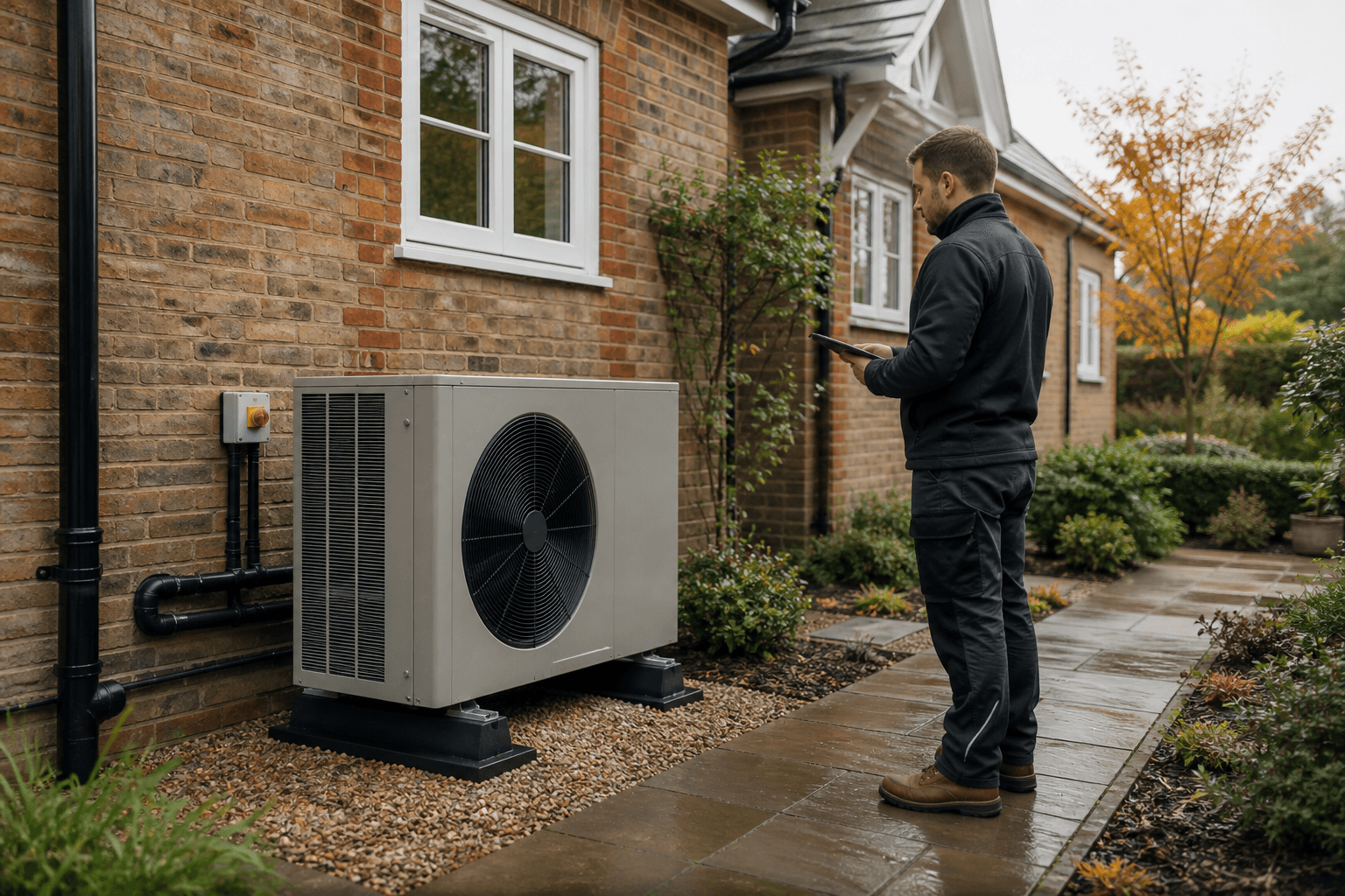 Engineer checking an air source heat pump beside a UK home